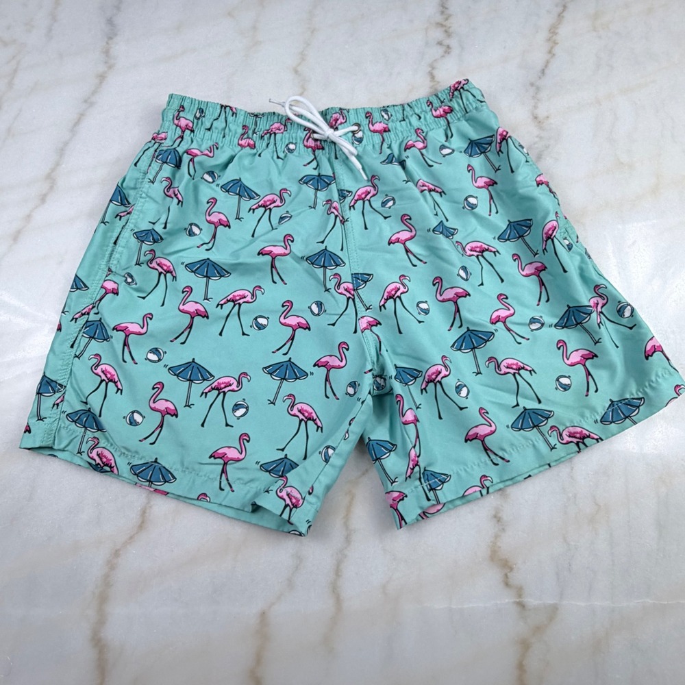 Trunks Surf & Swim Co Mens Large Flamingo Print Swim Pool Beach  Mint Green Flaw